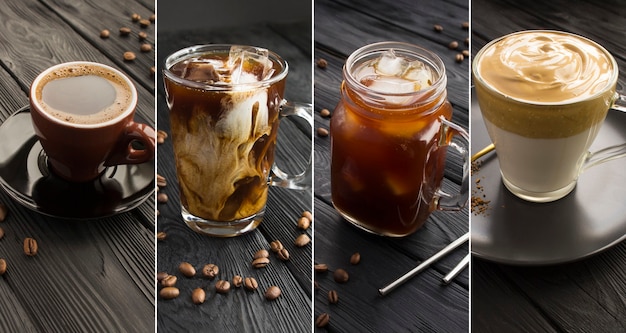Collage Kaffee verschiedene Arten auf dem schwarzen Hintergrund aus Holz. Nahaufnahme.