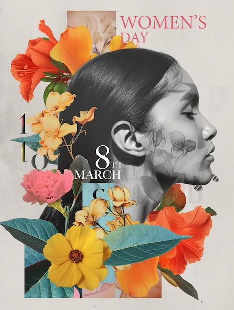 Foto collage-kunst von weiblichen blumen, pflanzenblättern und pinselfarben-konzeptkunst für den frauentag internationale frauentag-illustration