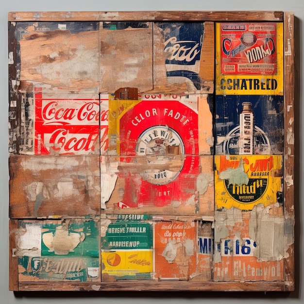 un collage de latas y latas de coca cola están en una pared