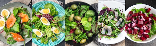 Collage Lebensmittel Salat Mischung aus Salaten verschiedener Arten frische Portion gesunde Mahlzeit Lebensmittel Diät Snack