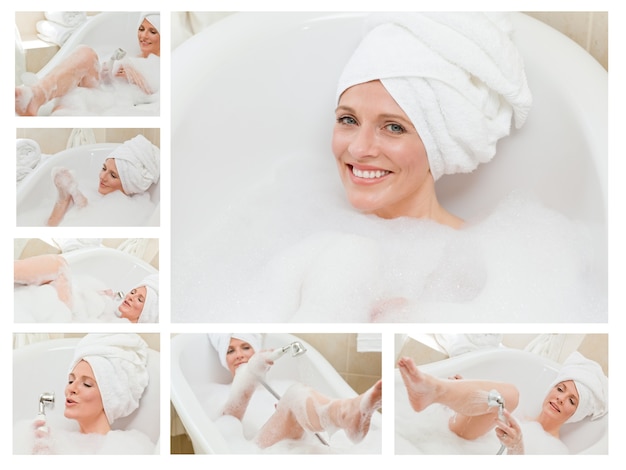 Collage de una linda mujer tomando un baño