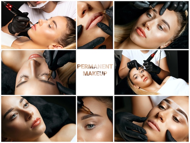 Collage de maquillaje permanente: primeros planos de la aplicación de pigmento permanente a una hermosa joven