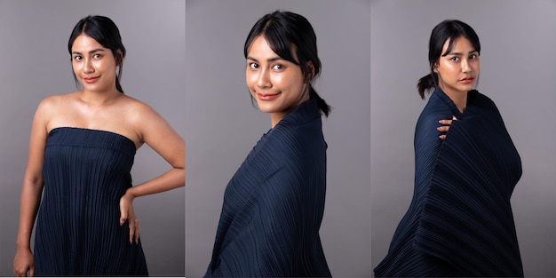 Collage Medio cuerpo Cara de mujer india asiática muestra una hermosa sonrisa labios felices visten vestido de noche