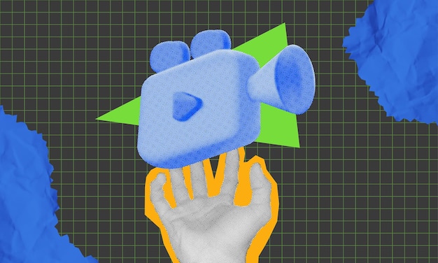 collage de medio tono icono de cámara de video 3D vibrante sostenido por una mano para la creación de contenido transmisión de video