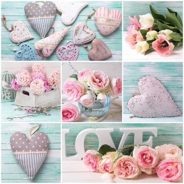 Collage mit Blumen und dekorativen Herzen