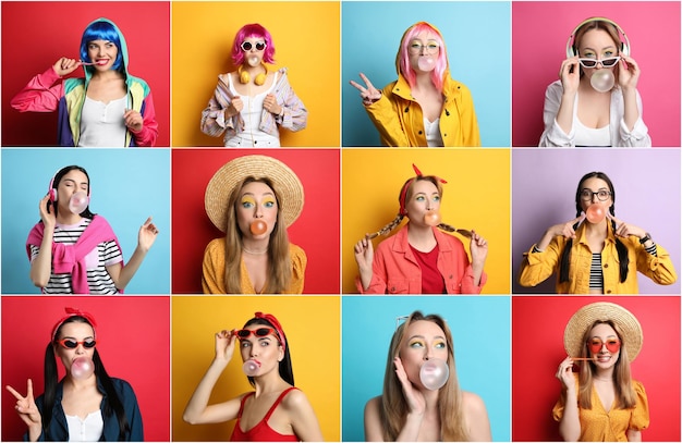 Collage mit Fotos von Frauen mit Kaugummi auf farbigen Hintergründen