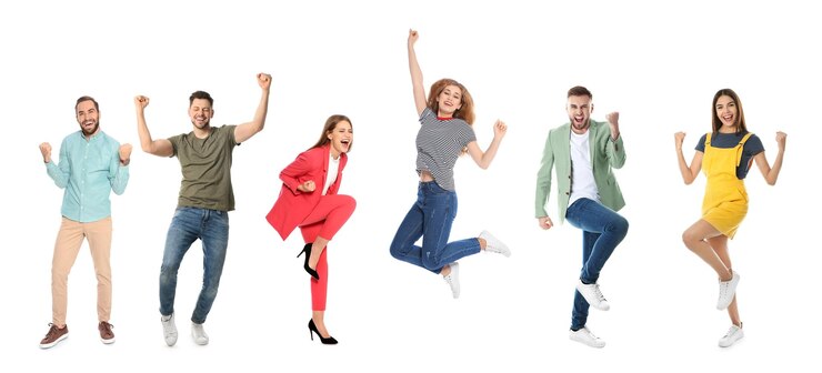 Foto collage mit fotos von glücklichen menschen, die den sieg auf weißem hintergrund feiern bannerdesign
