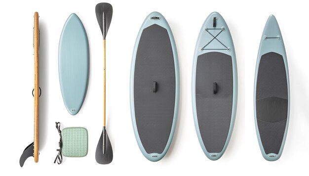 Foto collage mit sup-board mit paddle, isoliert auf weißen verschiedenen seiten