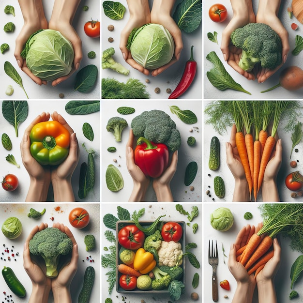 Foto collage mit weiblichen händen, die kohl, paprika, karotten und brokkoli auf weißem hintergrund halten