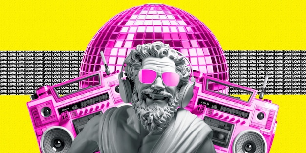 El collage de moda, el arte, la estatua griega, el DJ, el estado de ánimo discoteca.