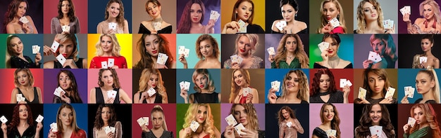 Collage de modelos con peinados en elegantes vestidos y joyas que muestran jugando a las cartas posando ...