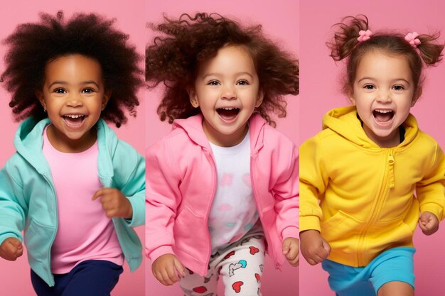 Collage Montage Foto von verschiedenen Rassen Spaß verrückte Kinder Jungen Mädchen springen laufen schnell isoliert über