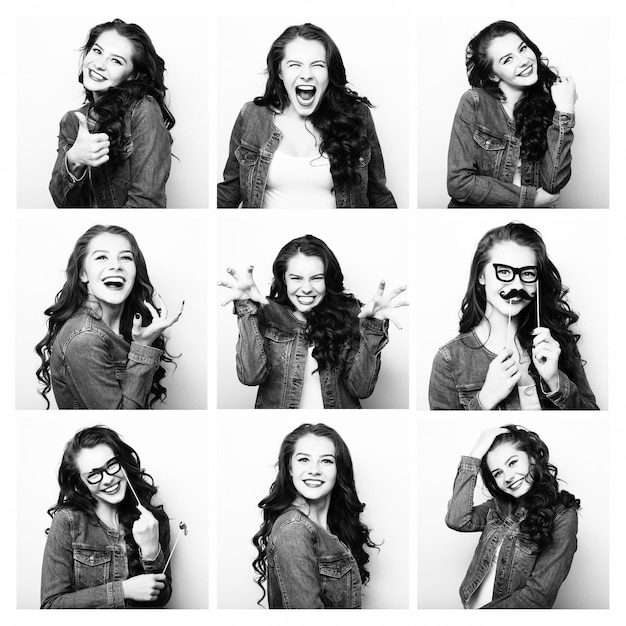 Collage de mujer diferentes expresiones faciales Imagen en blanco y negro
