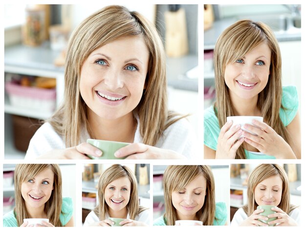 Collage de una mujer joven bebiendo una taza de café en la sala de estar