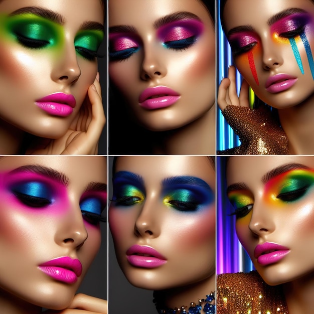 collage de mujer con maquillaje colorido collage de modelo de moda con maquillajes y maquillaje