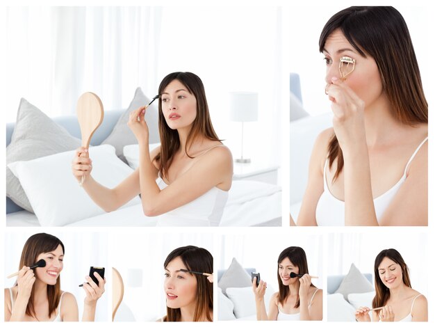 Collage de una mujer morena atractiva poniendo maquillaje en