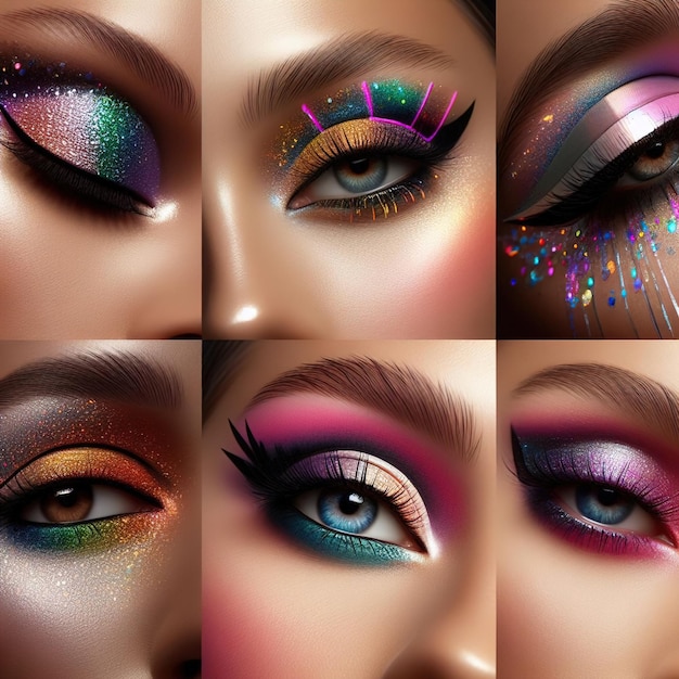 collage de mujer con ojos coloridos de diferentes pestañas coloridas