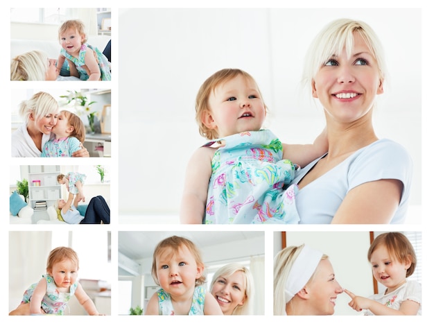 Collage de una mujer rubia con un bebé en la sala de estar