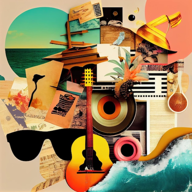 Collage de música de verano Póster contemporáneo de moda surrealista Concepto de música de otoño Dibujo Imitación Resumen Ilustración generativa de IA