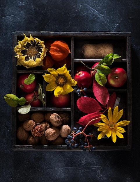 Collage de naturaleza muerta con manzanas rojas y flores de otoño en una caja de madera, puesta plana