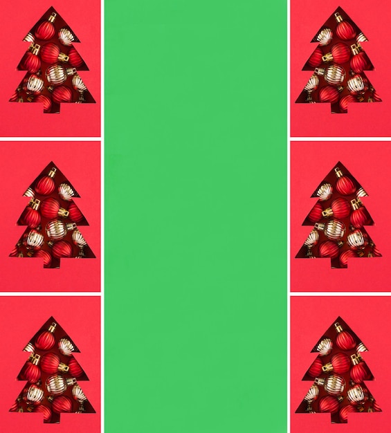 Collage navideño Árbol de Navidad recortado en el fondo rojo y lleno de bolas de colores Copiar espacio