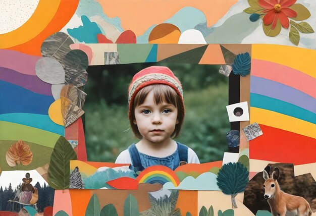 un collage de un niño con un arco iris y un ciervo