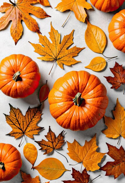 Un collage de otoño creativo con diferentes formas y texturas de calabazas naranjas y hojas de otoño en al.