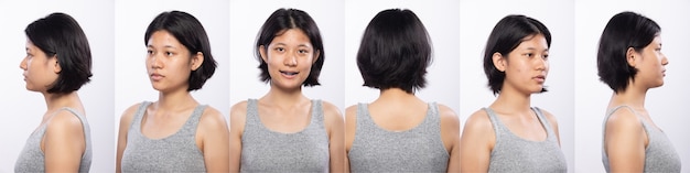 Collage-Pack-Gruppe der asiatischen Teenager-Frau vor der Make-up-Frisur. keine Retusche, frisches Gesicht mit schöner und glatter Haut. Rückseite Rückansicht Studiobeleuchtung weißer Hintergrund isoliert 360