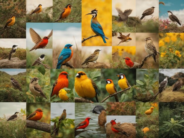 Foto un collage de pájaros sentados en una rama de un árbol en un campo