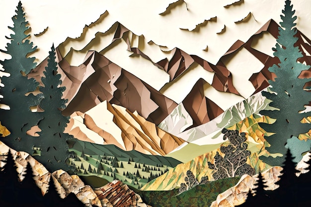 Collage de papel de bosque de paisaje de montaña disperso creado con ai generativo