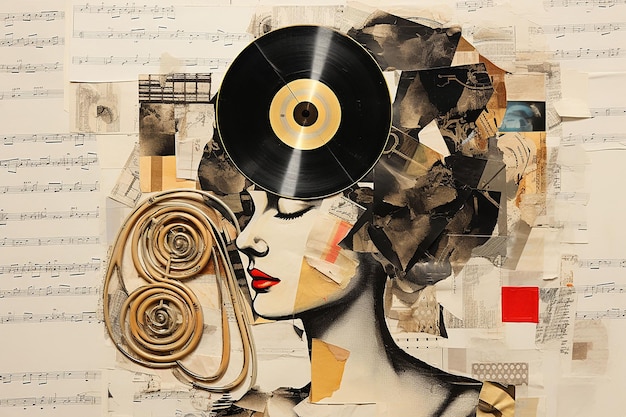 Collage de papel Retrato de estilo retro de una mujer con disco de vinilo y notas musicales