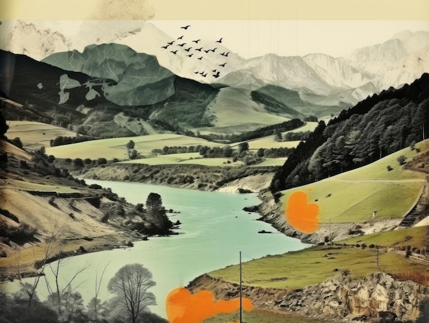 Collage de papel vintage con paisaje antiguo estilo retro de impacto emocional