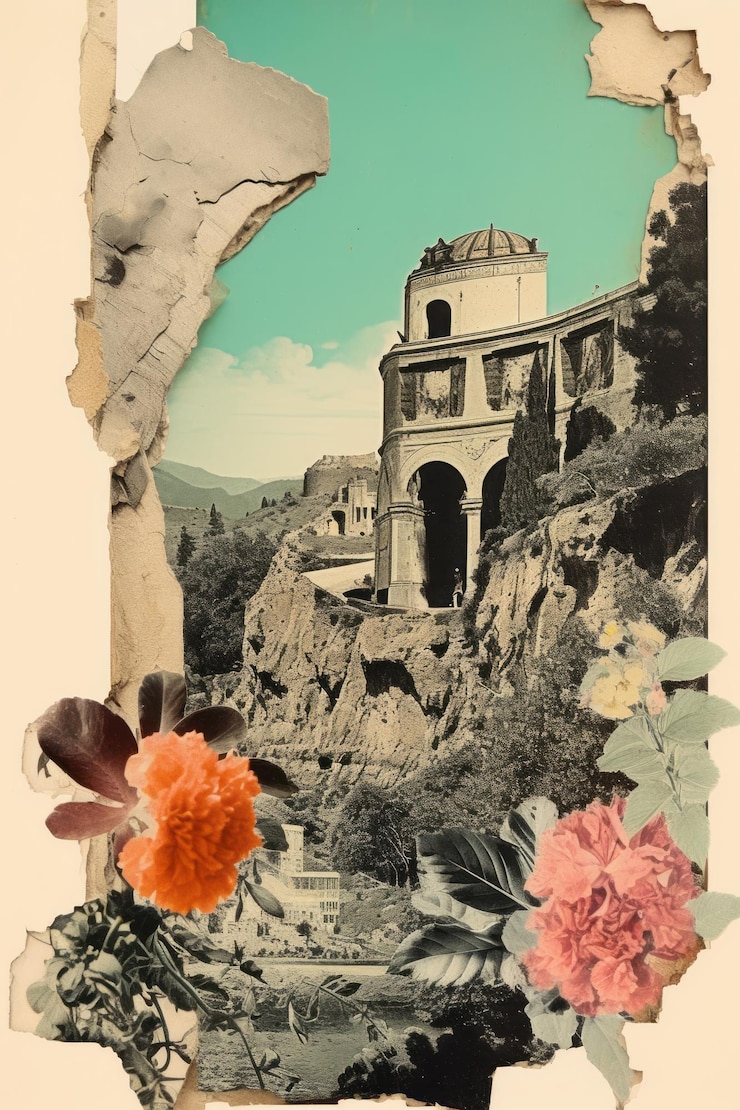 Foto collage de papel vintage con paisaje antiguo estilo retro de impacto emocional