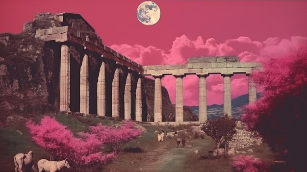 Collage de papel vintage con paisaje con estilo retro de impacto emocional de neón