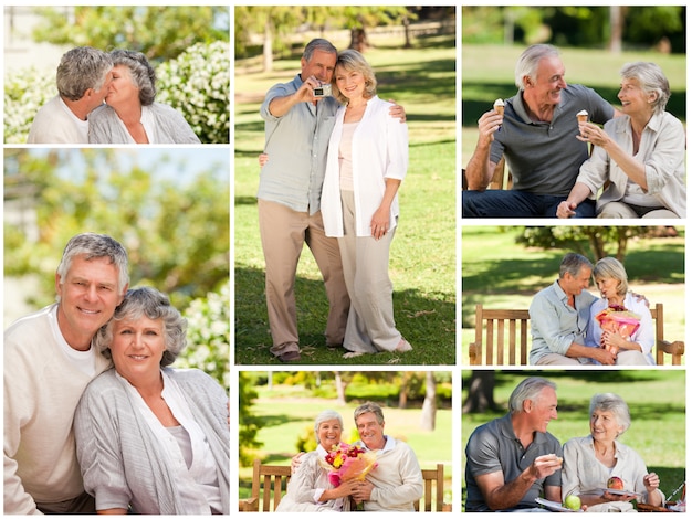 Collage de una pareja madura en un parque