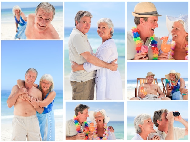 Collage de una pareja madura en la playa