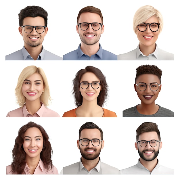 Foto un collage de personas con gafas y una camisa blanca.