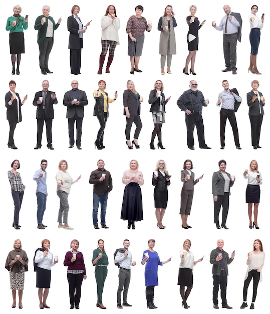 Collage personas sosteniendo café en manos aislado en blanco