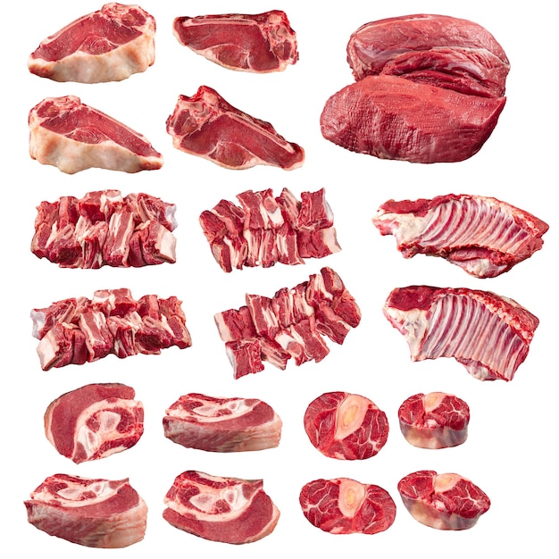 Collage de piezas aisladas de carne de res cruda