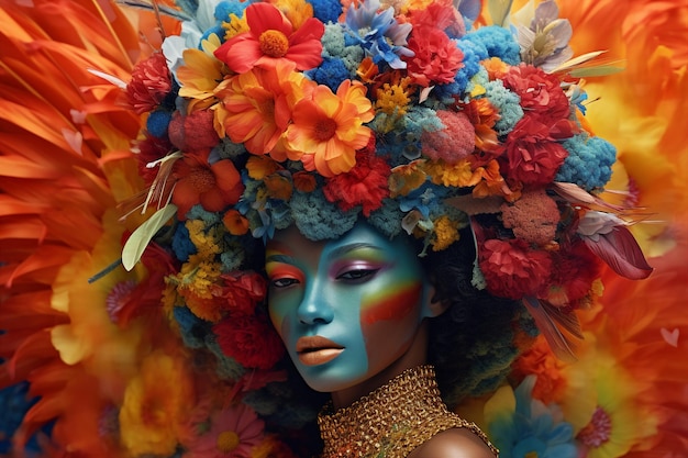 Collage de plantilla de diosa religiosa admirada tribal impresionante reina hermosa con la cara pintada maquillaje tocado floral imagen de ai generada