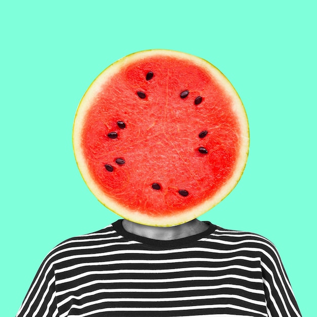 Foto collage portrait unter der leitung von wassermelone, große wassermelone im hintergrund