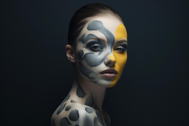 Foto collage psicodélico surrealista de una dama hermosa y deslumbrante con arte corporal, colores amarillos, manchas negras, leopardo animal