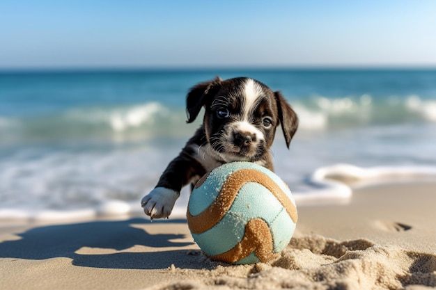 Foto collage realista generado por la imagen de ai de un pequeño y adorable perrito corriendo en la arena jugando a la pelota bali maldives paradise