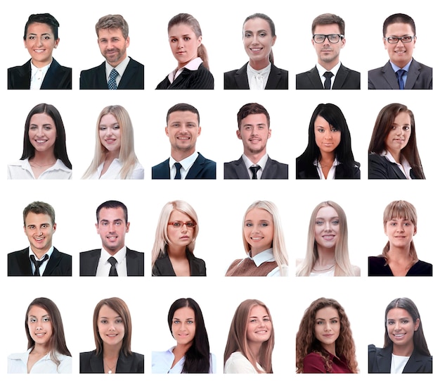 Collage de retratos de gente de negocios aislado sobre fondo blanco.