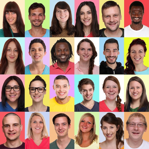 Collage de retratos grupales de jóvenes multiculturales multirraciales sonrientes caras de fondo cuadrado