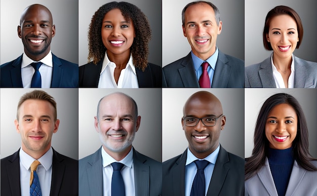 Collage de retratos de un grupo de edad étnicamente diverso y mixto de profesionales de negocios enfocados