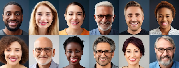 Foto collage de retratos de un grupo de edad étnicamente diverso y mixto de profesionales de negocios enfocados