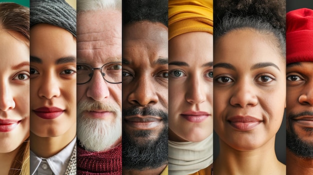 Un collage de retratos que celebran la diversidad global con sujetos con tocados y ropa étnica ai