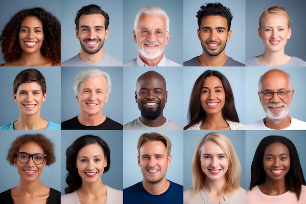 Foto collage de retratos y rostros de un grupo multirracial sonriente de varias personas diversas para el perfil pi