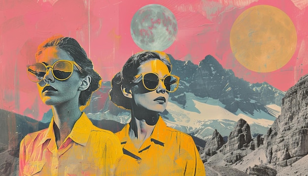 El collage retro surrealista retrata a una mujer con gafas de sol con un telón de fondo de doble luna